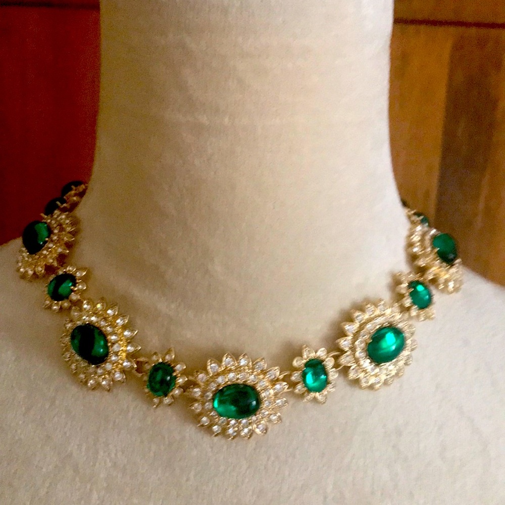 Scaasi Fashion statement necklace gold with faux Emeralds and Cubic Zirconia